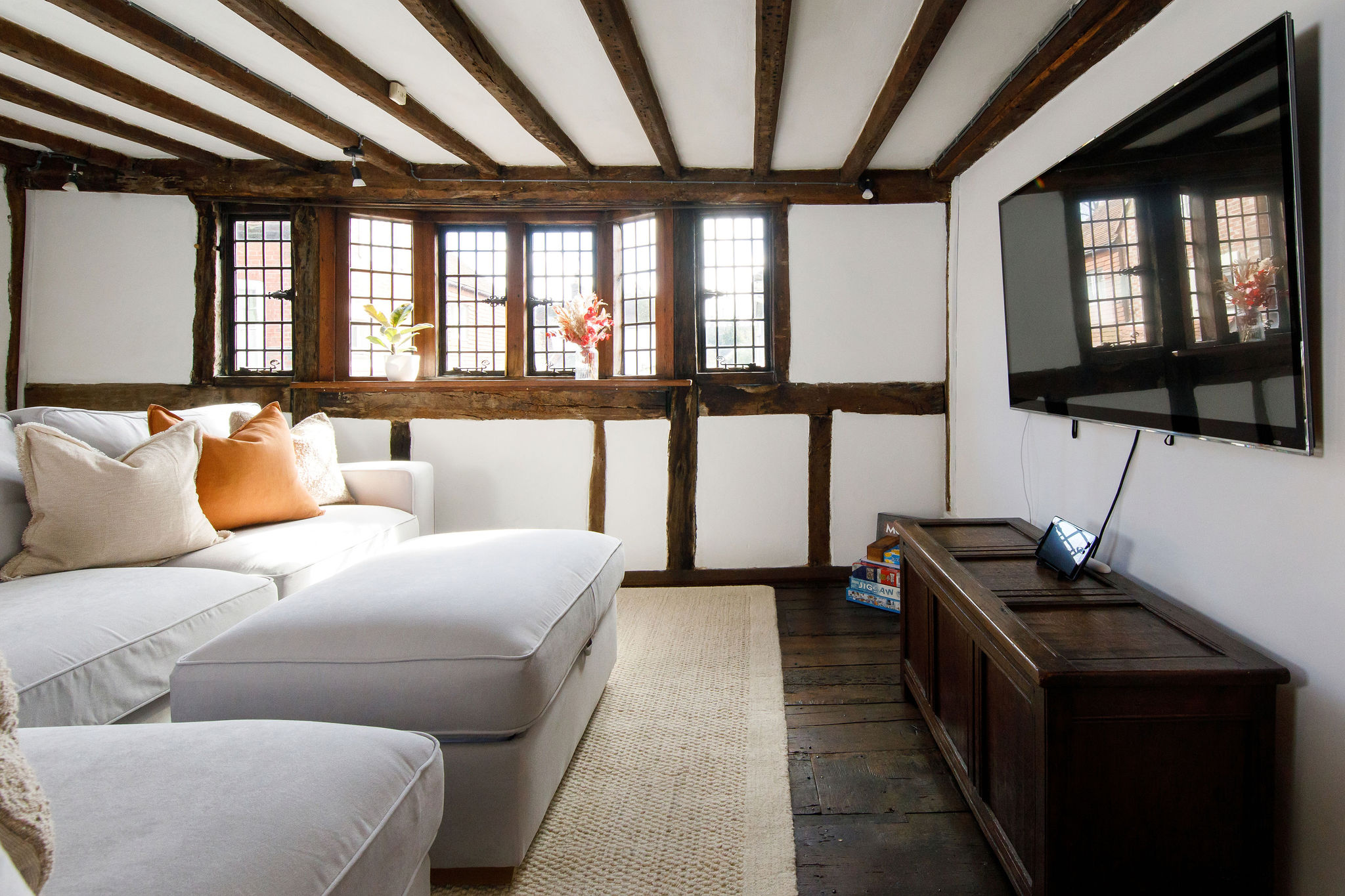 living room with exposed beam detail in sussex