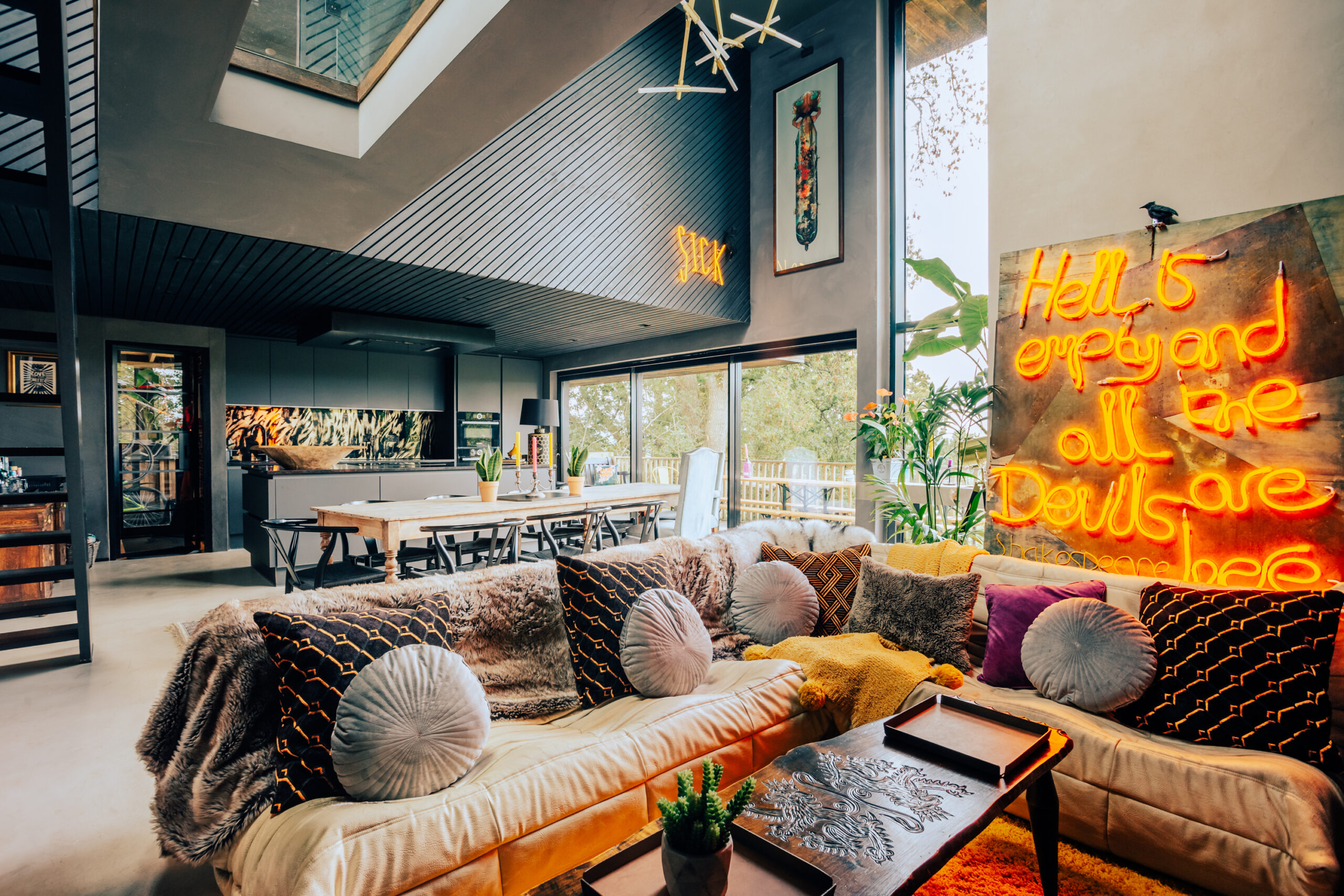 The contemporary living room of The Rook Retreat - a luxury Sussex holiday home