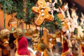 A collection of baubles displayed for sale at a Christmas market