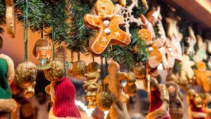 A collection of baubles displayed for sale at a Christmas market