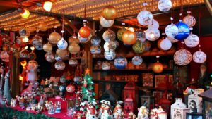 Baubles on display to purchase similar to those available from Christmas markets in Sussex