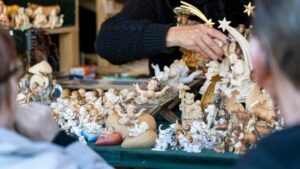 Nativity scenes available to purchase from a Christmas market