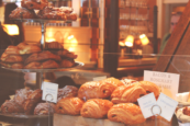 Close up of various pastries and breads being served at a bakery in Worthing
