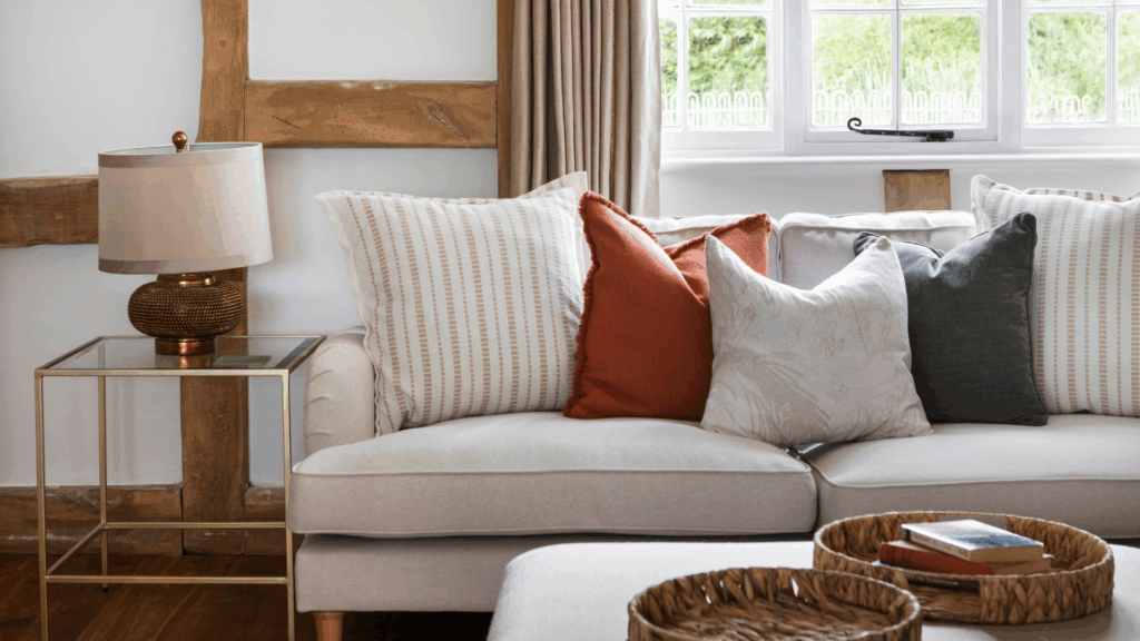 A cozy living room corner with a beige sofa decorated with earthy-toned cushions, a glass-topped side table with a gold lamp, wooden beams, neutral curtains, and a woven tray with books on an ottoman.