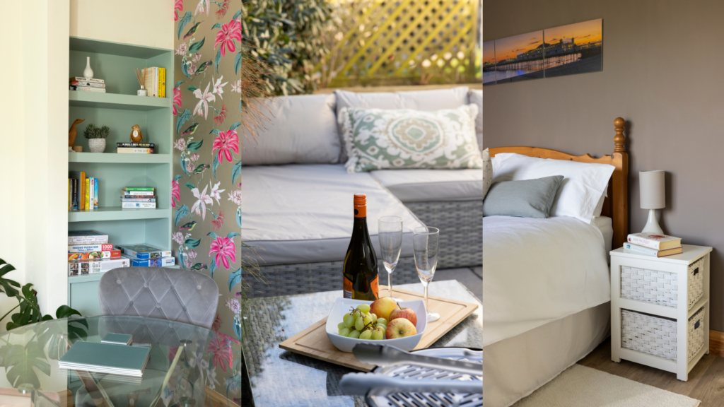 Collage of a stylish holiday home interior featuring a cosy bedroom, outdoor seating area, and colourful reading nook.